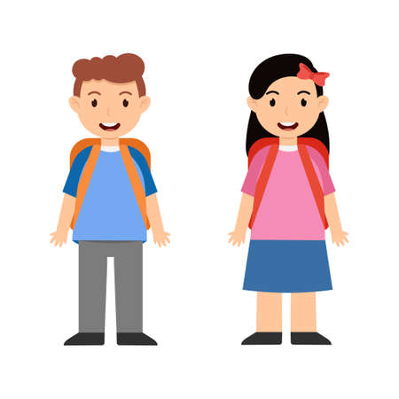 Schoolboy and schoolgirl with school backpacks on a white background - Vector illustrationのイラスト素材