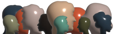 Volumetric faces multicolored silhouettes of men and women 3d illustrationの写真素材