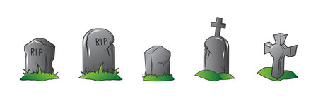 Set of 5 pcs. tombstones from Halloween cemetery on white background - Vector illustrationのイラスト素材