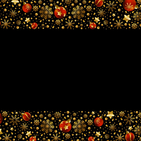 Happy New Year and Merry Christmas greeting card, holiday banner, web poster. Dark background with shining golden snowflakes and red Christmas balls - Vector illustrationのイラスト素材