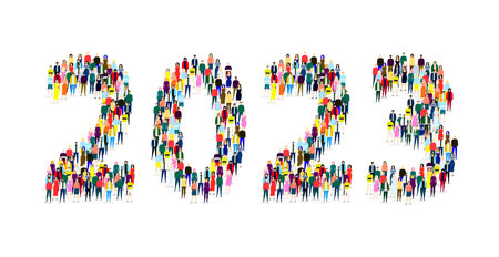 Happy New Year 2023, many people, white background postcard web template - Vector illustration