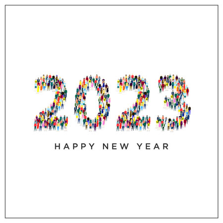 Happy New Year 2023, many people white background postcard web template - Vector illustration