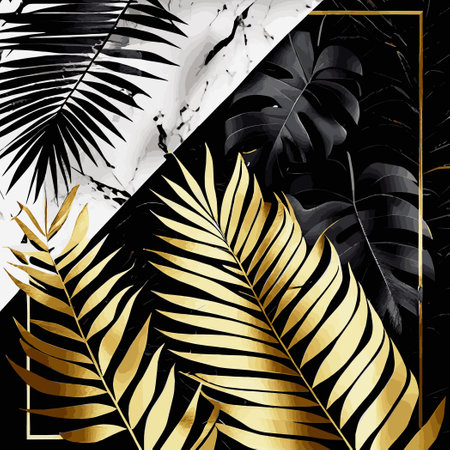 Golden palm leaves on white and black marble background, template, postcard - Vector illustrationのイラスト素材