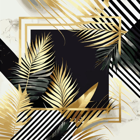 Golden palm leaves on white and black marble background, template, postcard - Vector illustrationのイラスト素材