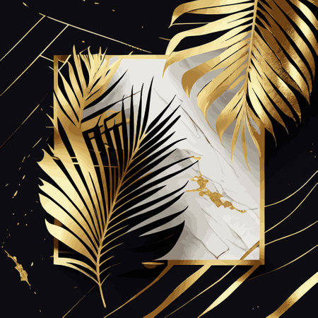 Golden palm leaves on white and black marble background, template, postcard - Vector illustrationのイラスト素材