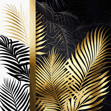 Golden palm leaves on white and black marble background, template, postcard - Vector illustrationのイラスト素材