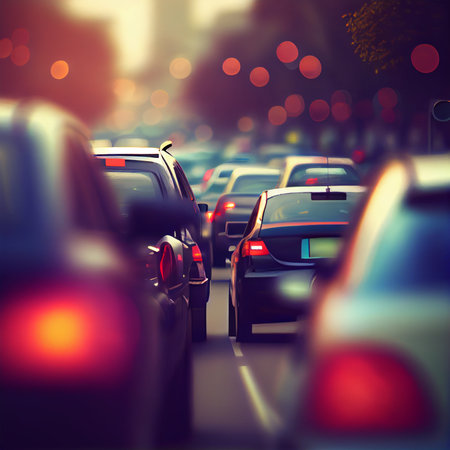 Traffic jam blurred bokeh background - AI generated imageの写真素材