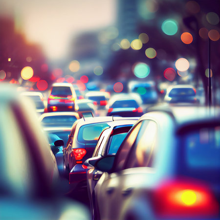 Traffic jam blurred bokeh background - AI generated imageの写真素材