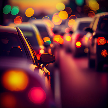 Traffic jam blurred bokeh background - AI generated imageの写真素材