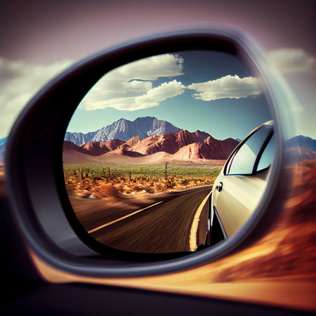 Car rearview mirror with nature reflection AI generated imageの写真素材