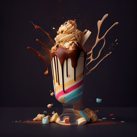 Stylish beautiful fruity milkshake, chocolate drop splashes AI generated imageの写真素材