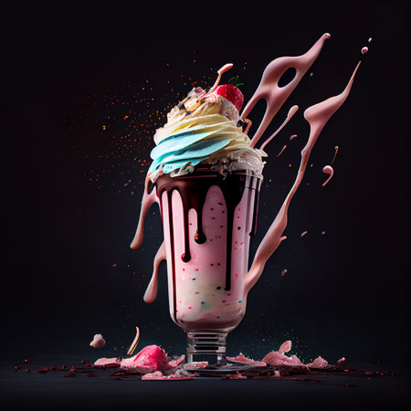 Stylish beautiful fruity milkshake, chocolate drop splashes AI generated imageの写真素材