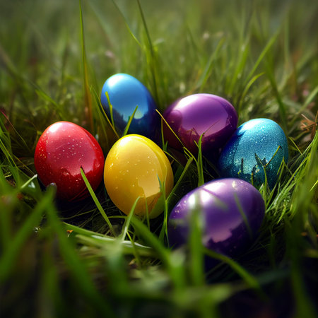 Colorful Easter eggs lying in dense green grass AI generated image