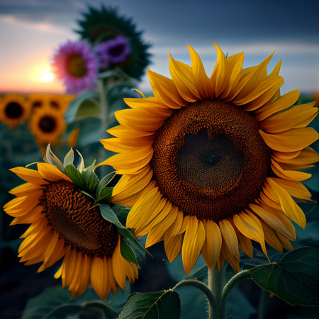 Field of sunflowers in bloom, hot sunny summer AI generated imageの写真素材