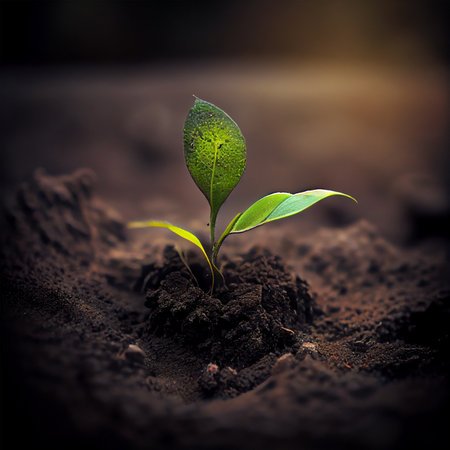 The growth of a new plant in the soil of the earth, environmental care, green energy AI generated imageの写真素材
