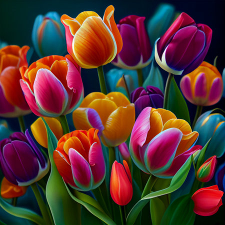 Tulip, Beautiful multi-colored tulip bouquet, colorful tulips, spring bloom AI generated imageの写真素材