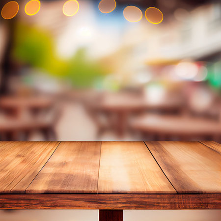 Wooden table top in cafe blurred bokeh background AI generated image