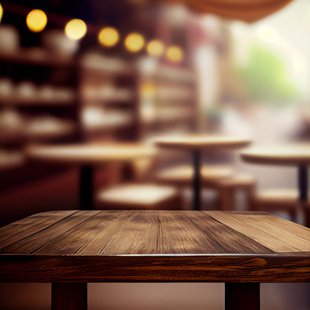 Wooden table top in cafe blurred bokeh background AI generated image