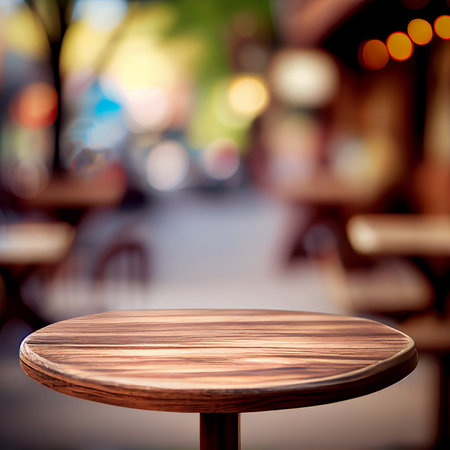 Wooden table top in cafe blurred bokeh background AI generated imageの写真素材