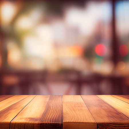 Wooden table top in cafe blurred bokeh background AI generated image