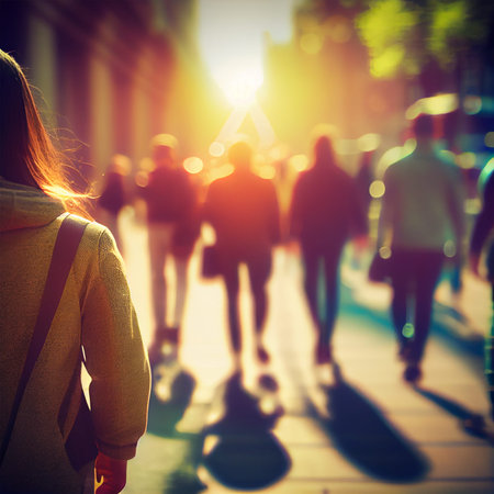 Crowd of people walking from work sunset blurred bokeh background - AI generated imageの写真素材