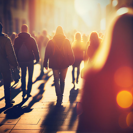 Crowd of people walking from work sunset blurred bokeh background - AI generated imageの写真素材