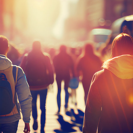Crowd of people walking from work sunset blurred bokeh background - AI generated imageの写真素材
