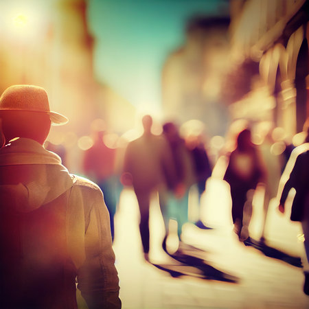 Crowd of people walking from work sunset blurred bokeh background - AI generated imageの写真素材