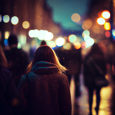Crowd of people walking from work sunset blurred bokeh background - AI generated imageの写真素材