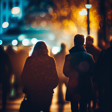 Crowd of people walking from work sunset blurred bokeh background - AI generated imageの写真素材