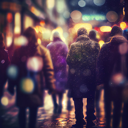 Crowd of people walking from work sunset blurred bokeh background - AI generated imageの写真素材