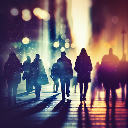 Crowd of people walking from work sunset blurred bokeh background - AI generated imageの写真素材