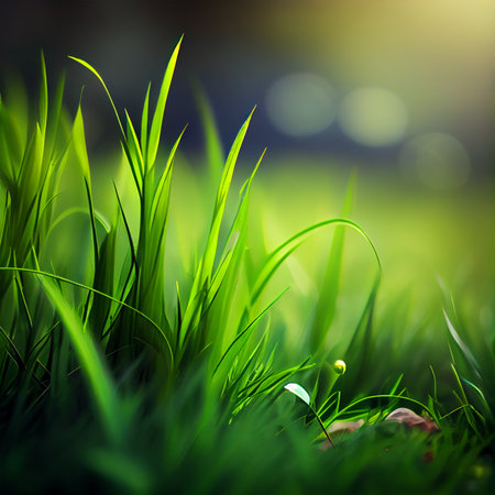 Beautiful texture of green meadow grass with dew drops close up, abstract blur natural bokeh background - AI Generated Imageの写真素材