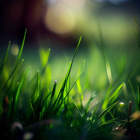Beautiful texture of green meadow grass with dew drops close up, abstract blur natural bokeh background - AI Generated Imageの写真素材