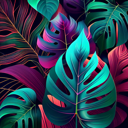 Green tropical monstera leaves, palm trees, ferns and ornamental plants AI generated imageの写真素材