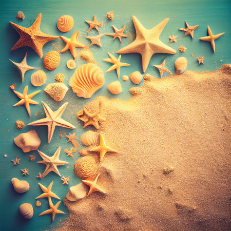 Seashells background on sand AI generated image