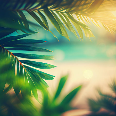 Blur beautiful nature green palm leaf on tropical beach with bokeh sun light flare wave abstract background. Summer vacation and business travel concept AI generated imageの写真素材