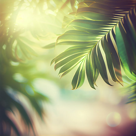 Blur beautiful nature green palm leaf on tropical beach with bokeh sun light flare wave abstract background. Summer vacation and business travel concept AI generated imageの写真素材