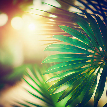 Blur beautiful nature green palm leaf on tropical beach with bokeh sun light flare wave abstract background. Summer vacation and business travel concept AI generated imageの写真素材