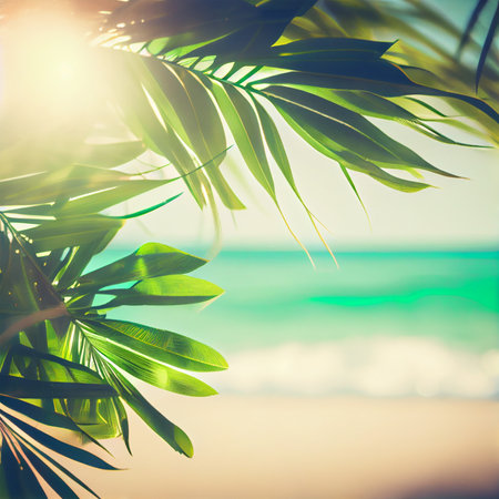 Blur beautiful nature green palm leaf on tropical beach with bokeh sun light flare wave abstract background. Summer vacation and business travel concept AI generated imageの写真素材