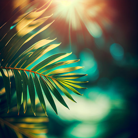 Blur beautiful nature green palm leaf on tropical beach with bokeh sun light flare wave abstract background. Summer vacation and business travel concept AI generated imageの写真素材