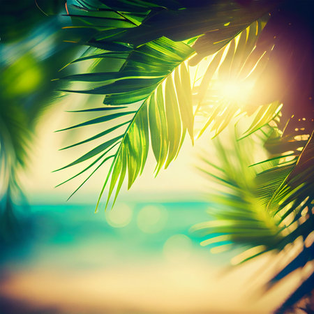 Blur beautiful nature green palm leaf on tropical beach with bokeh sun light flare wave abstract background. Summer vacation and business travel concept AI generated imageの写真素材
