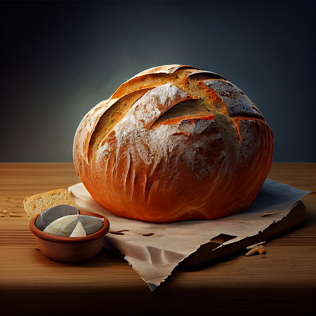 Homemade fresh sourdough bread, dark background AI generated imageの写真素材