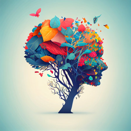 Human brain tree with flowers and butterflies, concept of self care, mind, ideas, creativity AI generated imageの素材