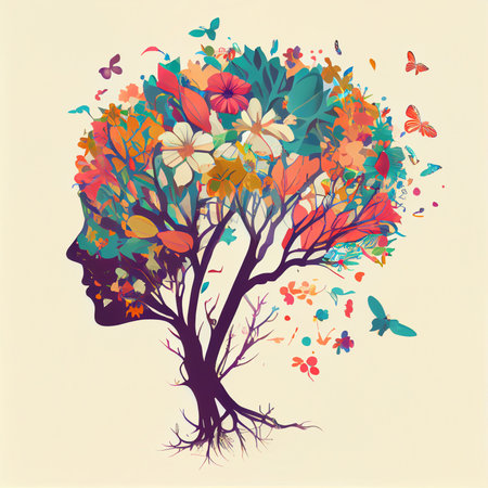Human brain tree with flowers and butterflies, concept of self care, mind, ideas, creativity AI generated imageの素材