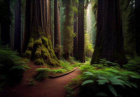 Dense forest in California, many sequoias AI generated imageの写真素材