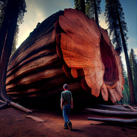 Giant felled sequoia compared to a man, big mahogany, US symbol AI generated imageの写真素材
