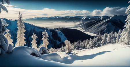 Winter panorama snowy mountains, snow-capped peaks AI generated imageの写真素材