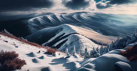 Winter panorama snowy mountains, snow-capped peaks AI generated imageの写真素材