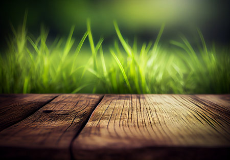 Wood table top close up, beautiful texture of green meadow grass with dew drops, abstract blur natural bokeh background - AI generated imageの写真素材